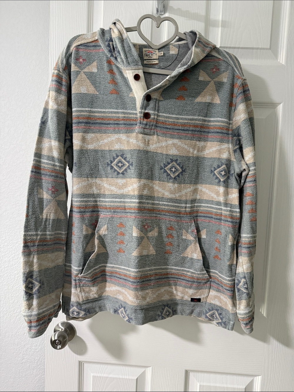 Faherty Gray & Cream Hooded Pullover with Aztec Pattern